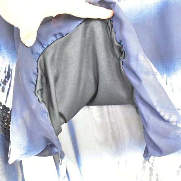 AB Studio Tie Dye Flare 3/4 Sleeve Top Small Navy Sheer Boho High Low Hippie - Picture 6 of 12